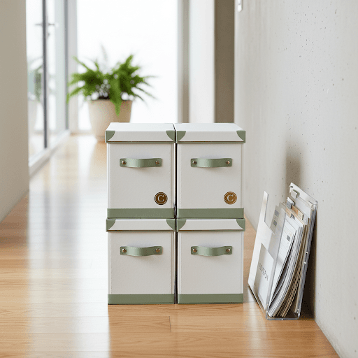 Stacked storage boxes and checklist folder in a hallway