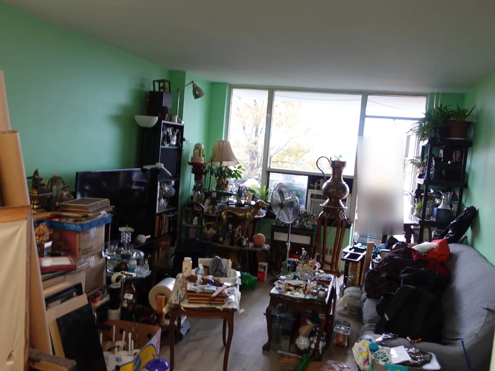Living room before: shelves, boxes and collections filling the room to the window