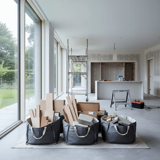 Renovation debris in heavy-duty bags